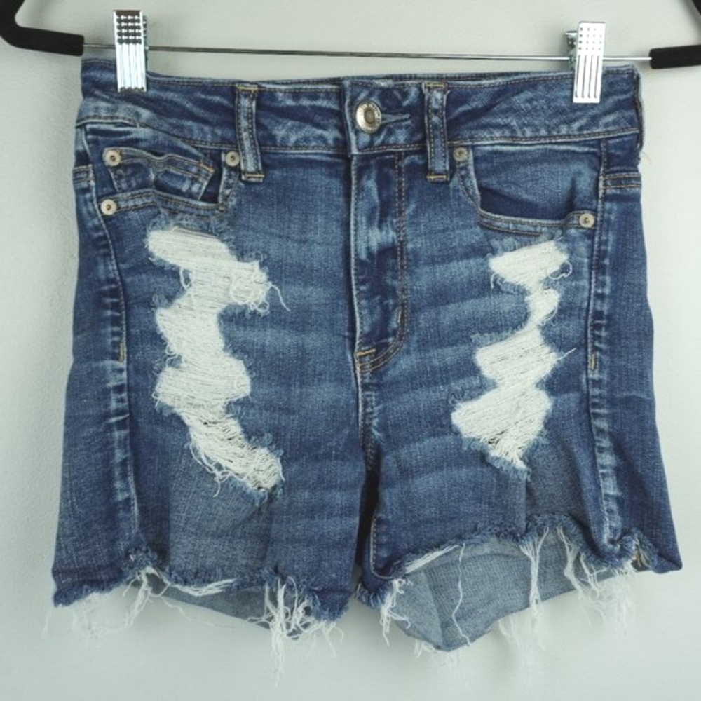 American Eagle Hi Rise Shortie Distressed Raw Hem Denim Jean Shorts Size…